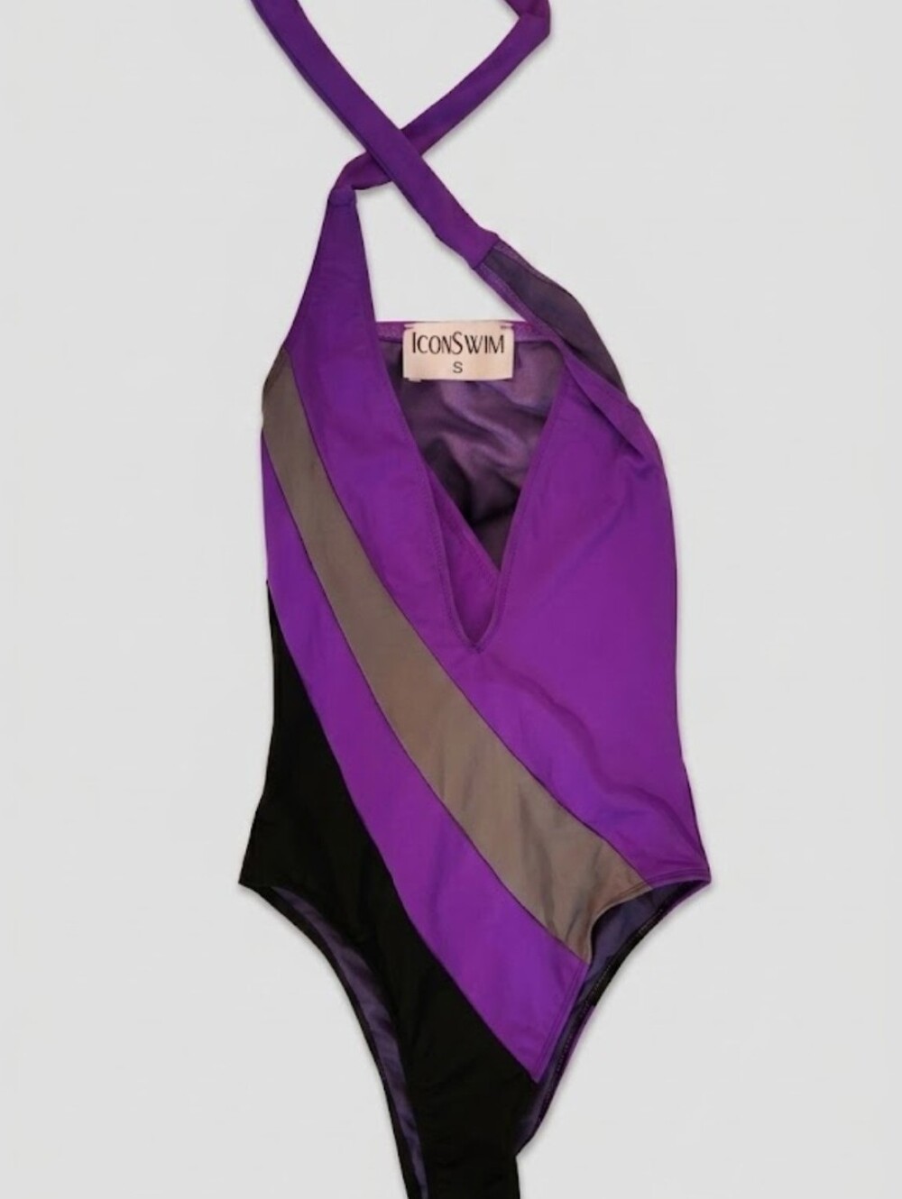 ICON Swim Purple High-Cut Cheeky Plunge Halter One-Piece Swimsuit Size Small